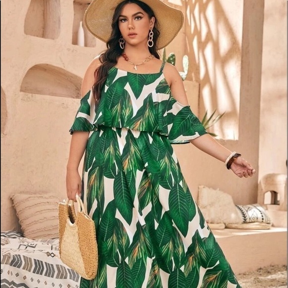 Shein Curve, Amazing Green-Leaf Maxi Dress, Stunning! Size 3XL - Picture 1 of 9